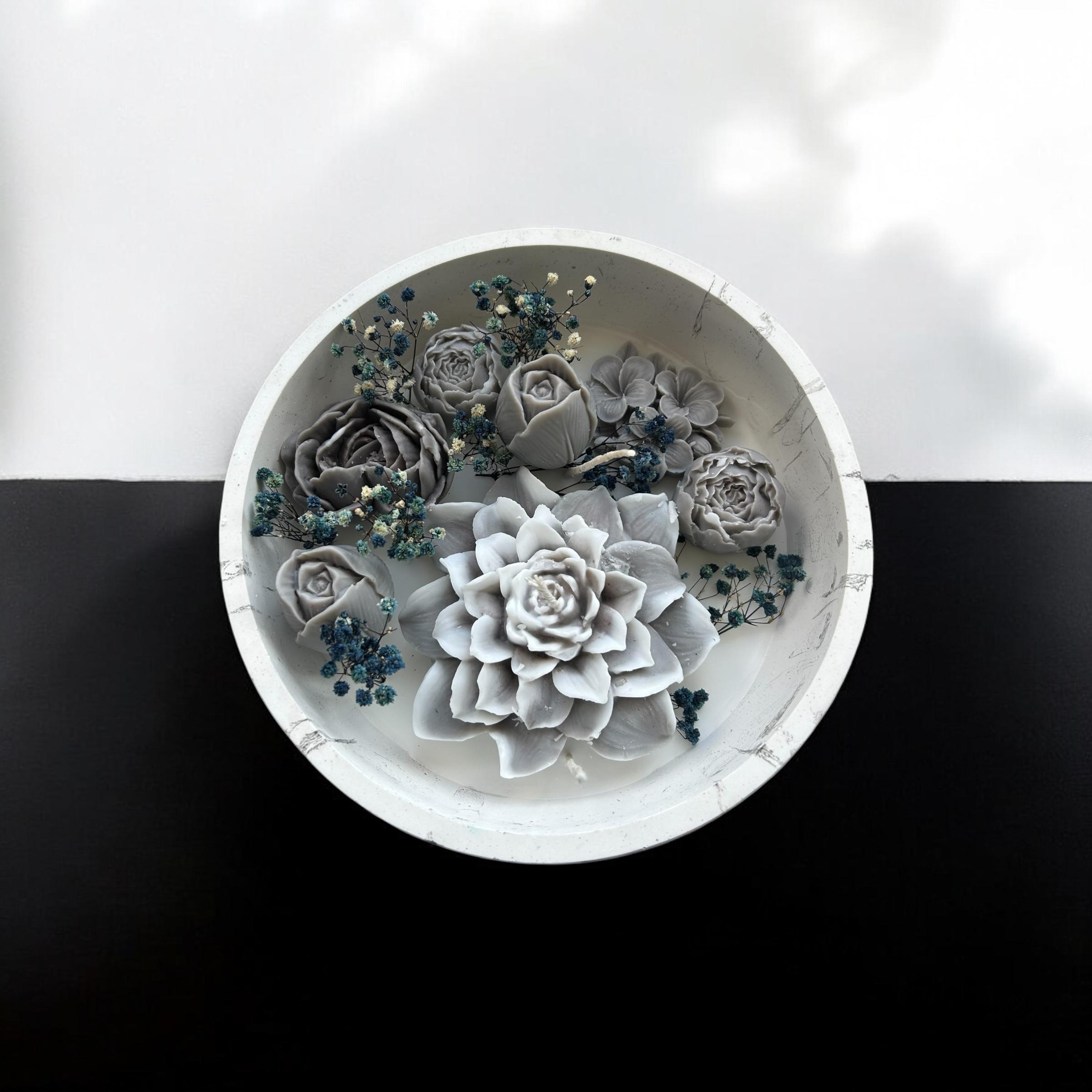 Büyük Kase Gri Renkli Çiçekli Mum